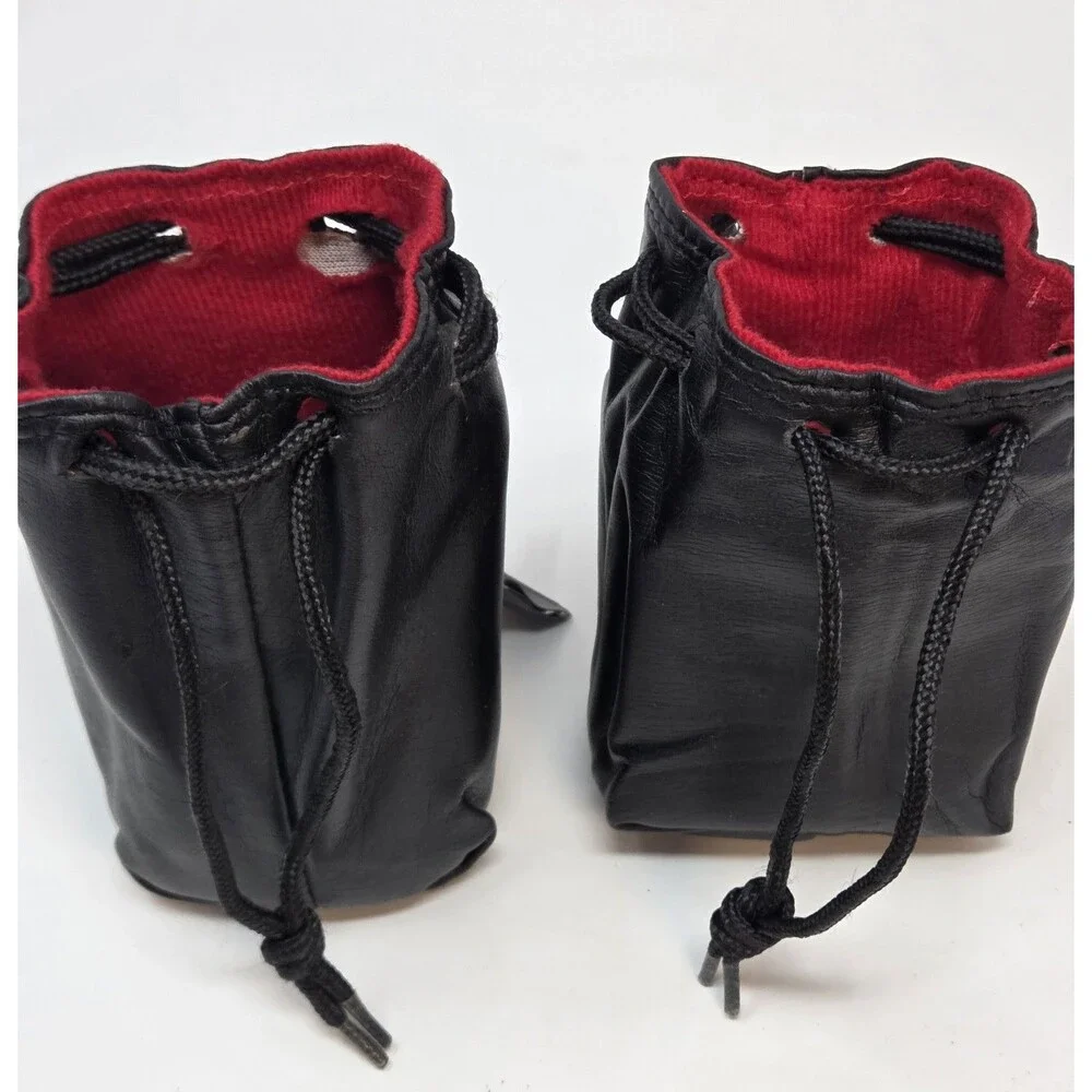 Vintage Black Leather Drawstring Camera Lens Pouches Red Lined Pair Made Korea